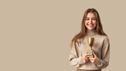 Young woman holding a trophy. Employee of the month concept with smiling and beautiful woman with copy space background