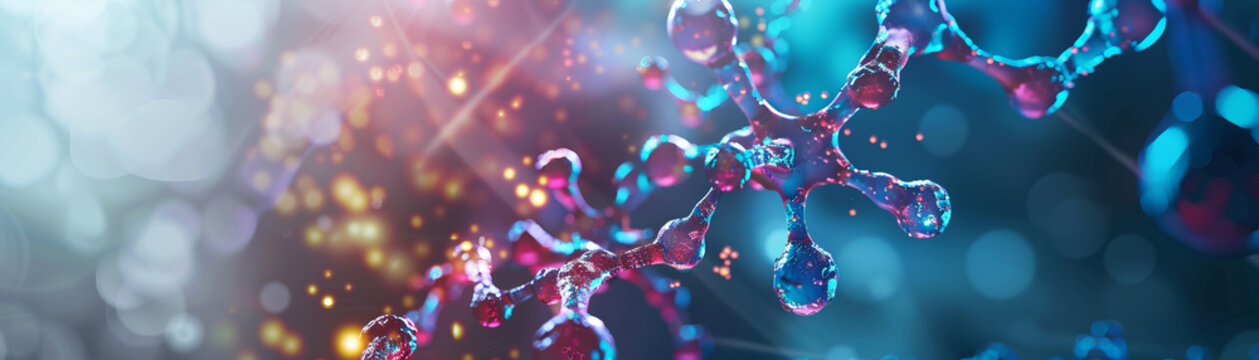 Detailed illustration depicting a molecular structure with glowing nodes and color-graded bokeh elements
