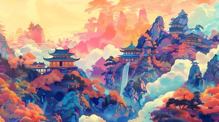 Chinese landscape with a colorful scene illustration background poster decorative painting