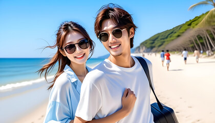Happy young and cute Asian tourists woman and man in sunglasses on blue sky background going to travel on holiday. Tourism, travel, beach vacation. 青い空を背景にサングラスをかけた幸せな若くてかわいいアジアの観光客女性と男性が休日に旅行に行く。