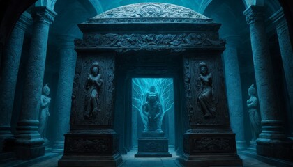 A mystical blue-lit corridor in an ancient temple, adorned with classical statues and intricate stone carvings, evoking a sense of historical depth and enigma - obrazy, fototapety, plakaty