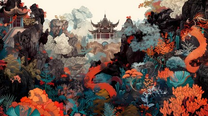 Chinese landscape with a colorful scene illustration background poster decorative painting