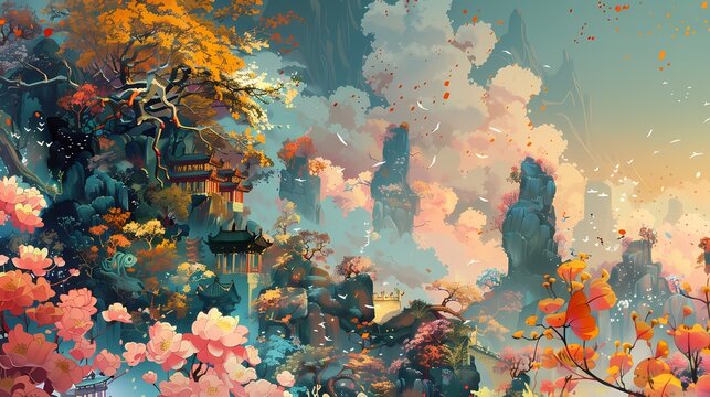 Chinese landscape with a colorful scene illustration background poster decorative painting