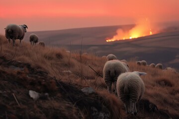 sheep flock on hillside, fire glow on horizon - obrazy, fototapety, plakaty