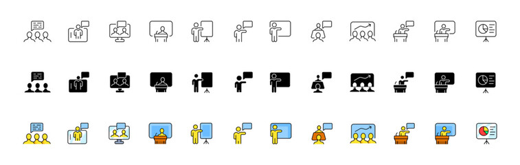 Conference icon collection. Community icons. Linear, silhouette and flat style. Vector icons