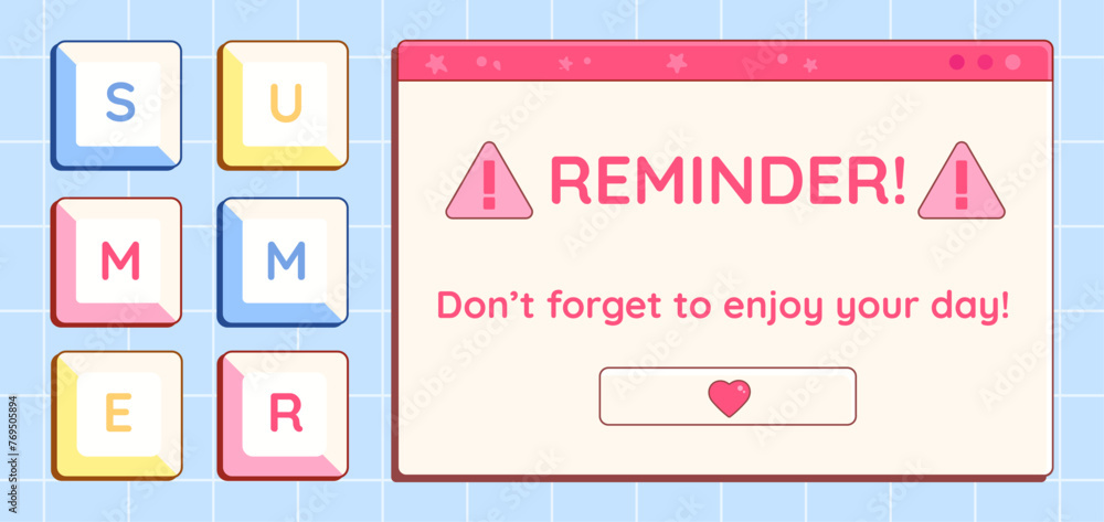 Poster set of y2k retro computer window and buttons, interface elements with cheering phrases. vector illus