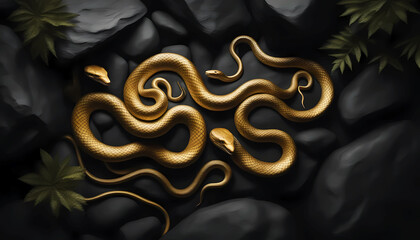 Golden Snakes on black rocks. Top view, animals and nature