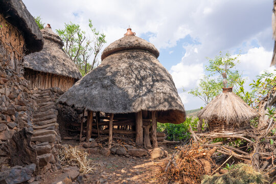 Ethiopia, traditional houses with their typical roofs in the Konso village Mechelo. 
