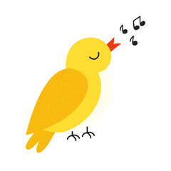 Vector illustration of yellow bird singing isolated on white background.