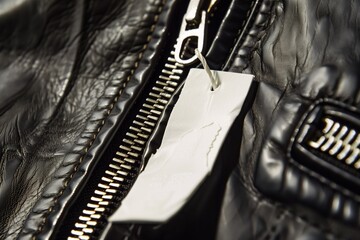 closeup of a blank white tag on a leather jackets zipper