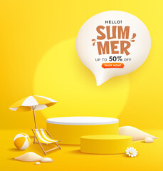 Summer yellow podium sale, beach umbrella and beach reclining chair, pile of sand, poster design on yellow background. EPS 10 Vector illustration
