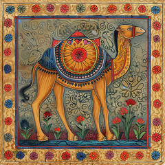 Traditional Madhubani style painting of a camel on a textured background.