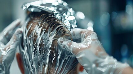 Hairdresser is applying bleaching powder on woman's hair and wrapping into the foil. - obrazy, fototapety, plakaty