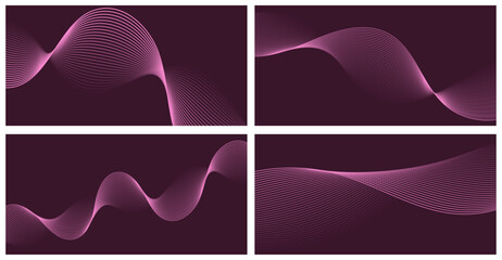 Set of abstract backgrounds with waves for banner. Medium banner size. Vector background with lines. Element for design isolated on dark pink. Pink color. Brochure, booklet