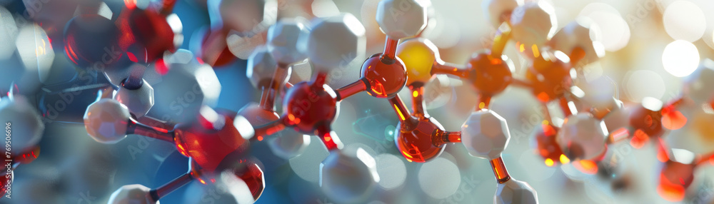Poster a depiction of a complex molecular structure with shimmering light effects, connoting technological 