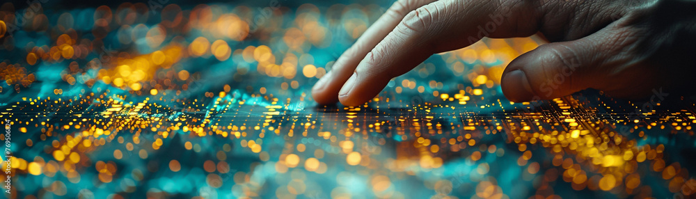 Poster a hand is pointing at a series of numbers on a computer screen