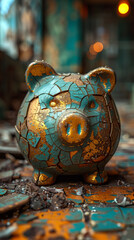A piggy bank is shown with a crack in it and a pile of gold coins on the ground