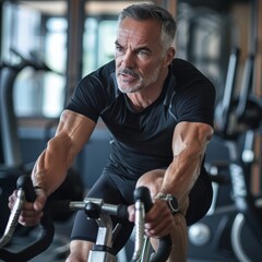 Fototapeta na wymiar A Caucasian male in his 50s, cycling on a stationary bike, his leg muscles defined, embodying vitality and endurance in a group exercise class. 
