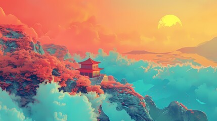 Chinese aurora punk traditional landscape painting illustration abstract background decorative painting
