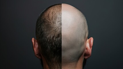 The balding man's head both pre- and post-hair transplant surgery. A man whose hair is falling out has grown shaggy. a poster promoting a hair transplant center. Baldness treatment. - obrazy, fototapety, plakaty