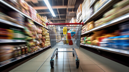 Shopping in supermarket by supermarket cart in motion blur.
