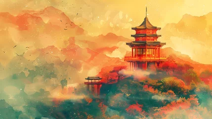 Foto op Plexiglas Chinese aurora punk traditional landscape painting illustration abstract background decorative painting © jinzhen