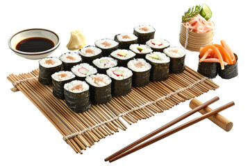 Plate of Sushi and Chopsticks on Bamboo Mat