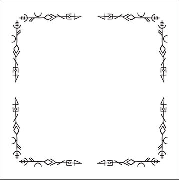 Elegant black and white ornamental frame with Viking runes, decorative border, corners for greeting cards, banners, business cards, invitations, menus. Isolated vector illustration.	