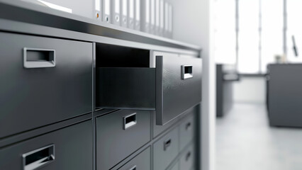 Office cabinets with multiple grey drawers.
