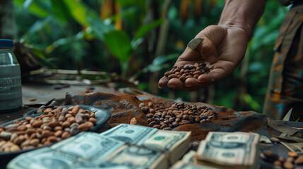 hand holding a handful of cocoa beans with money, cocoa bean prices rise concept  - obrazy, fototapety, plakaty