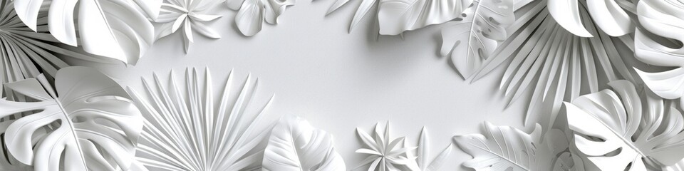 A plain white wall decorated with an abundance of white leaves creating a minimalist and clean aesthetic backdrop, background, wallpaper, banner, copy space