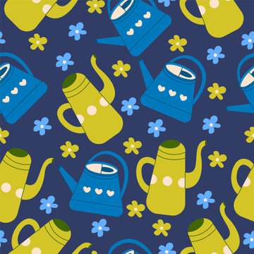 Flat vector illustration of watering can and flowers pattern. Cute floral pattern with watering cans.