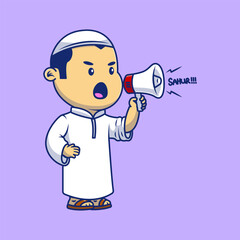 Cute Moslem Boy Holding Megaphone Cartoon Vector Icons Illustration. Flat Cartoon Concept. Suitable for any creative project.