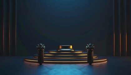 Victory's Glow. A 3D Stage of Triumph and Glory with Silver, Gold, and Bronze Prizes shining under radiant lights of the Award Ceremony