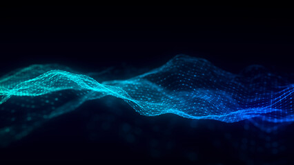 Blue wave of particles and lines. Big data visualization. Abstract background with a dynamic wave. 3d rendering.