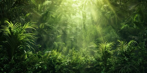 Fototapeta na wymiar Beautiful rays of sunlight in a green forest 
