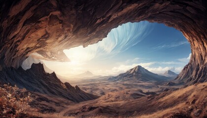 A panoramic view of a vast alien landscape with towering mountains, viewed from within a cavernous arch, under a sunset sky.