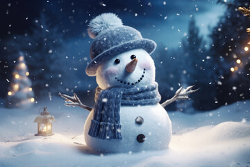 Merry christmas and happy new year greeting card with copy-space. Happy snowman standing in christmas landscape. Snow background. Winter fairytale. - 769508607