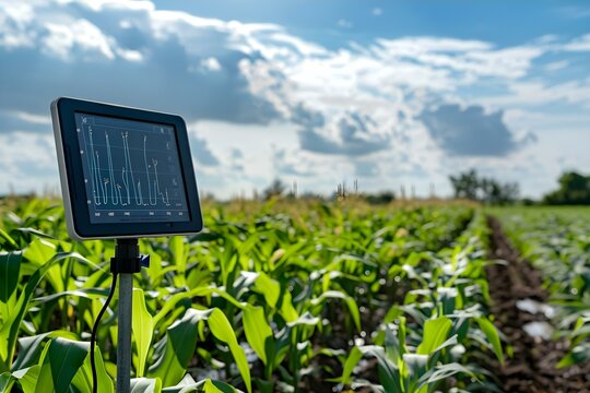 Smart irrigation system sensors in a field control panel monitor soil moisture levels and weather conditions for efficient watering. Concept Smart Irrigation Systems, Field Sensors