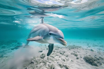 underwater view of dolphin ascending towards surface