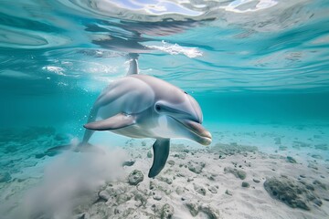 Naklejka premium underwater view of dolphin ascending towards surface