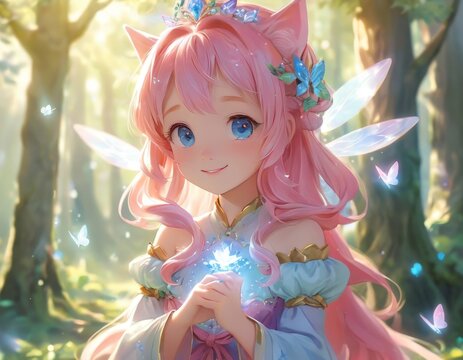 A radiant fairy with pink hair and butterfly wings offers a magical glow in an enchanted forest setting, evoking a tale of whimsy and magic.