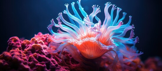 Fototapeta na wymiar An electric blue jellyfish is gliding underwater next to a colorful coral reef, surrounded by marine invertebrates and plants like sea anemones