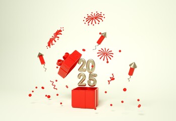 Realistic 2025 with gold numbers and festive confetti on black background. Holiday illustration. Happy New 2025 Year. New year ornament. Decoration element with gift, firework