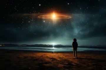 Fotobehang person is startled by the sight of a ufo hovering above them, evoking a strong sense of wonder and awe © anwel