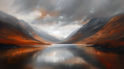 Foto op Aluminium Watercolour oil painting of a mountain landscape typical of the Scottish highlands with an autumn fall scenic lake and a dramatic moody cloudy sky, stock illustration image © Tony Baggett