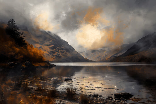 Watercolour oil painting of a mountain landscape typical of the Scottish highlands with an autumn fall scenic lake and a dramatic moody cloudy sky, stock illustration image