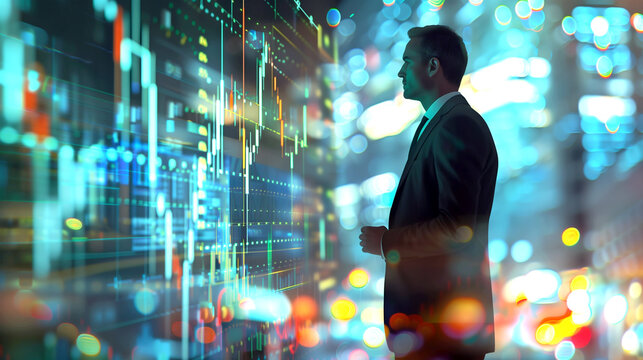 3D transparent hologram of stock market charts. A businessman in a suit stands nearby and looks at the hologram.