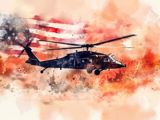 Helicopter flying over battlefield, American flag waving in background, watercolor style , ultra HD