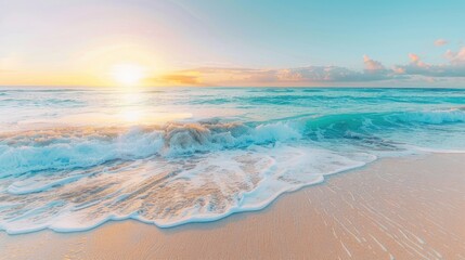 Paradise beach by the sea. Sandy beach at sunset in the tropics. Generative AI